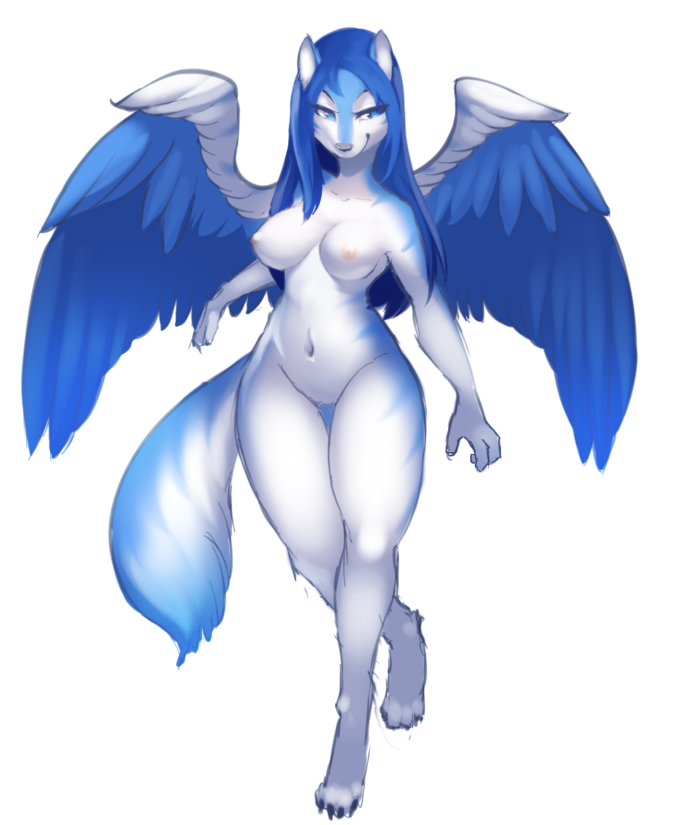 blue_eyes blue_hair breasts canine claws digitigrade female hair kanel mammal nipples nude plain_background solo standing tala_(suntattoowolf) toes white_background wings wolf