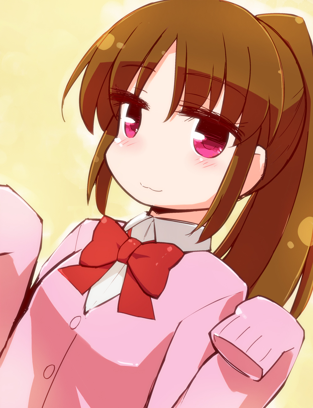 :3 achiga_school_uniform blush bow bowtie brown_hair cardigan collared_shirt dutch_angle eyebrows_visible_through_hair hakuun_(m2230) highres long_sleeves pink_cardigan pink_eyes ponytail red_bow red_neckwear saki saki_achiga-hen shirt sleeves_past_fingers sleeves_past_wrists solo takakamo_shizuno white_shirt