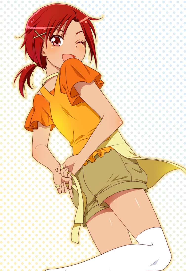 ;d apron casual from_behind hair_tie hino_akane_(smile_precure!) kneeling looking_back mattaku_mousuke one_eye_closed open_mouth orange_shirt polka_dot polka_dot_background precure red_eyes red_hair shirt shorts smile smile_precure! solo thighhighs white_legwear