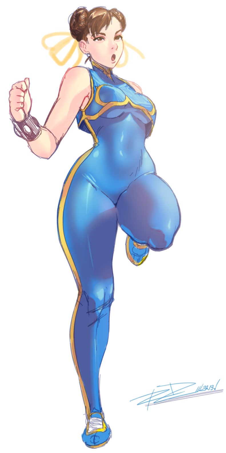 alternate_costume bodysuit bracelet breasts brown_hair chinese_clothes chun-li cropped_jacket curvy double_bun highres hips jewelry large_breasts robert_porter shoes short_hair skin_tight sneakers solo spiked_bracelet spikes street_fighter street_fighter_zero_(series) thick_thighs thighs wide_hips