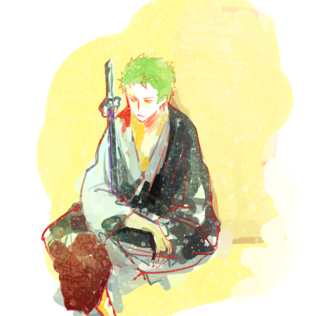 1boy alabasta green_hair lowres male male_focus one_piece robe roronoa_zoro sheath sheathed sitting solo sword weapon