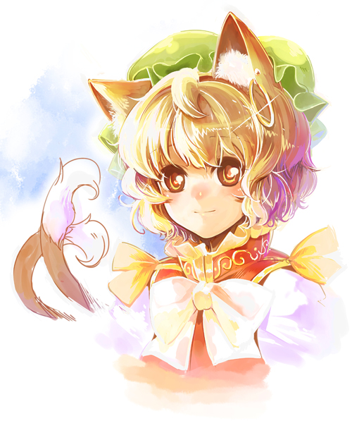 animal_ears bow brown_eyes brown_hair cat_ears cat_tail chen earrings face hat hoop_earrings im_(badmasa) jewelry light_smile looking_at_viewer multiple_tails portrait short_hair single_earring solo tail touhou