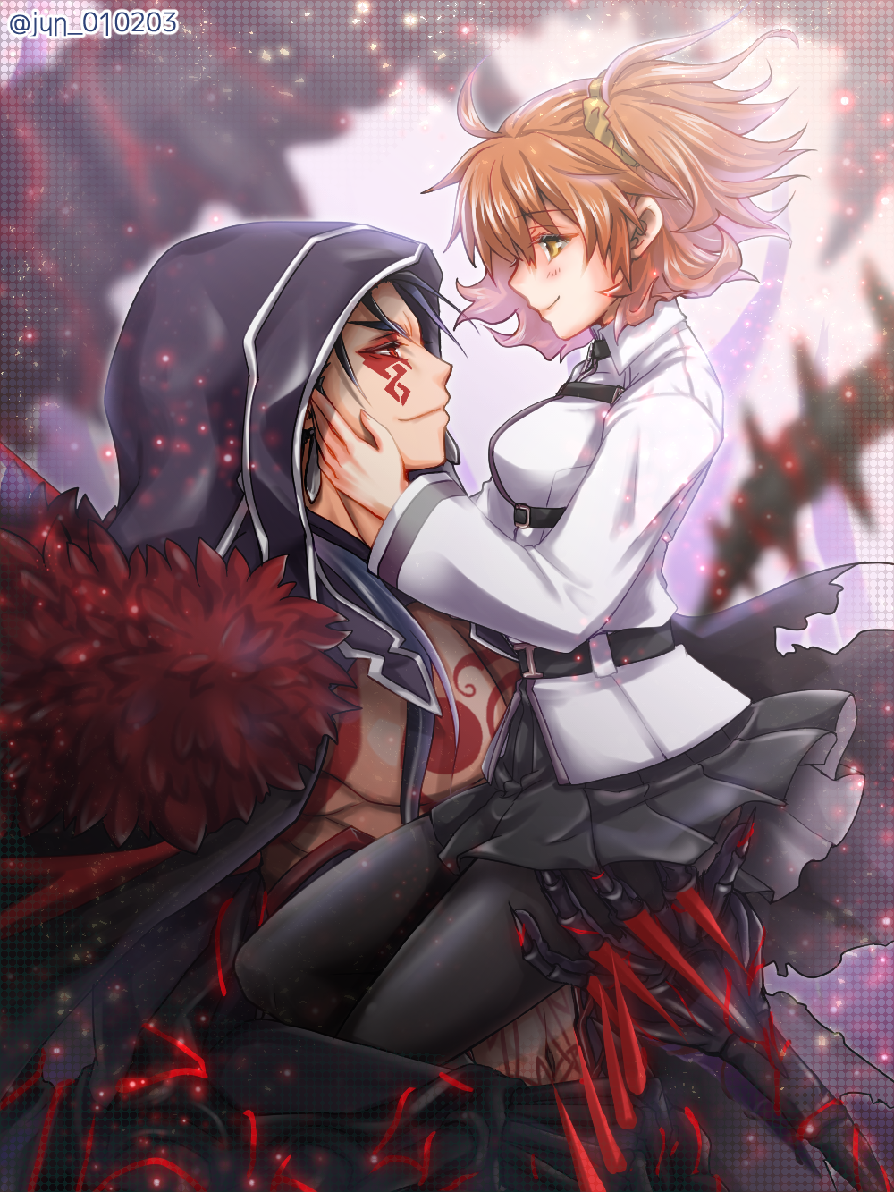 1boy 1girl bare_chest black_gloves black_legwear black_skirt blue_hair brown_hair carrying chaldea_uniform chest_tattoo closed_mouth cu_chulainn_alter_(fate/grand_order) earrings eye_contact facial_mark fate/grand_order fate_(series) from_side fujimaru_ritsuka_(female) gloves hair_ornament hair_scrunchie highres hood jewelry jun010203 lancer long_hair looking_at_another pantyhose profile red_eyes scrunchie shirt short_hair side_ponytail skirt smile spikes tail tattoo white_shirt yellow_eyes yellow_scrunchie