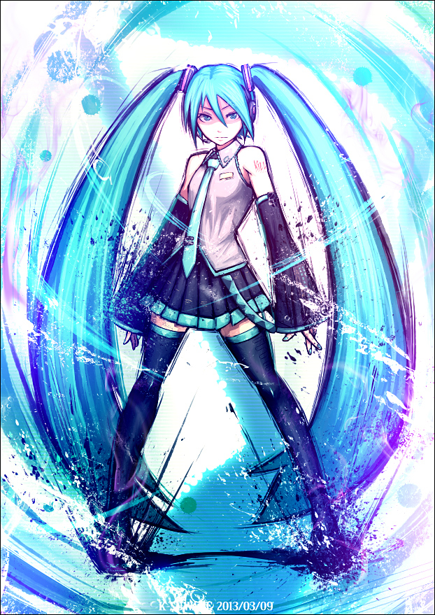 39 2013 aqua_eyes aqua_hair artist_name dated detached_sleeves hatsune_miku headset kei-suwabe long_hair necktie skirt solo thighhighs twintails very_long_hair vocaloid