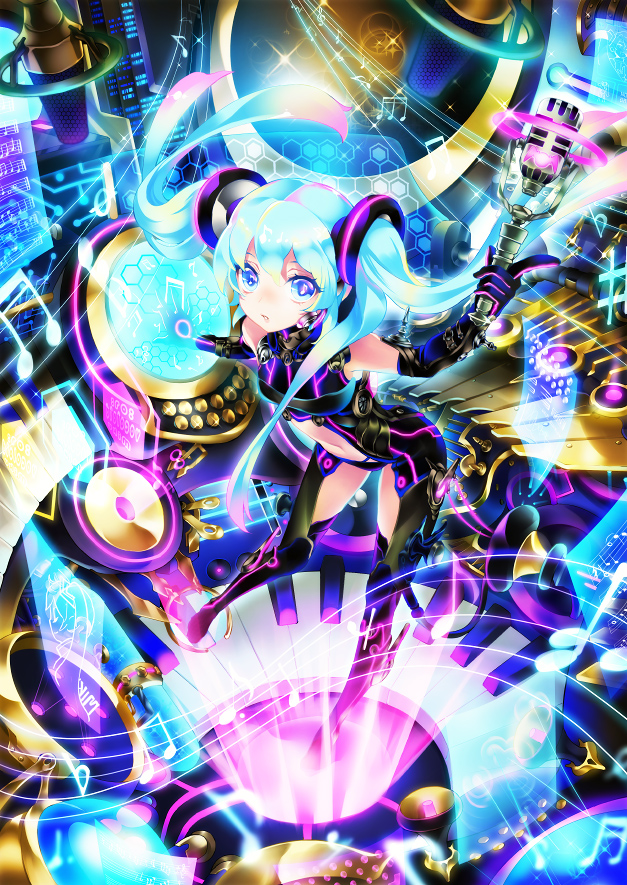 blue_eyes blue_hair boots center_opening elbow_gloves gloves hatsune_miku hexagon holographic_interface long_hair microphone musical_note navel nemusuke piano_keys solo thigh_boots thighhighs twintails vocaloid