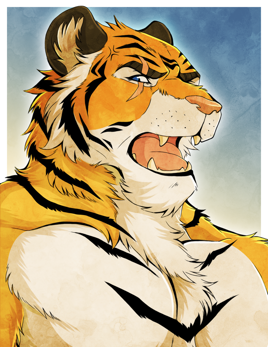 angry anthro black_fur blue_eyes body_markings brown_fur chest_tuft fangs feline frown fur looking_at_viewer male mammal markings muscles open_mouth orange_fur pecs portrai portrait pose scar solo striped_fur stripes teeth tiger tongue topless tuft vein white_fur