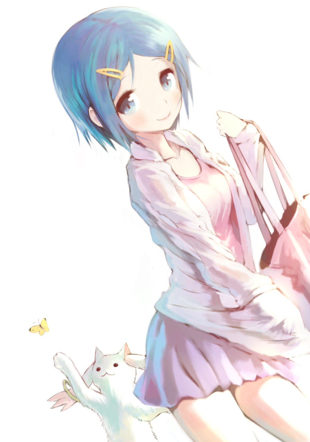 bag blue_eyes blue_hair bug butterfly hair_ornament hairclip highres insect kyubey looking_at_viewer mahou_shoujo_madoka_magica miki_sayaka short_hair simple_background skirt smile white_background yoshinogai