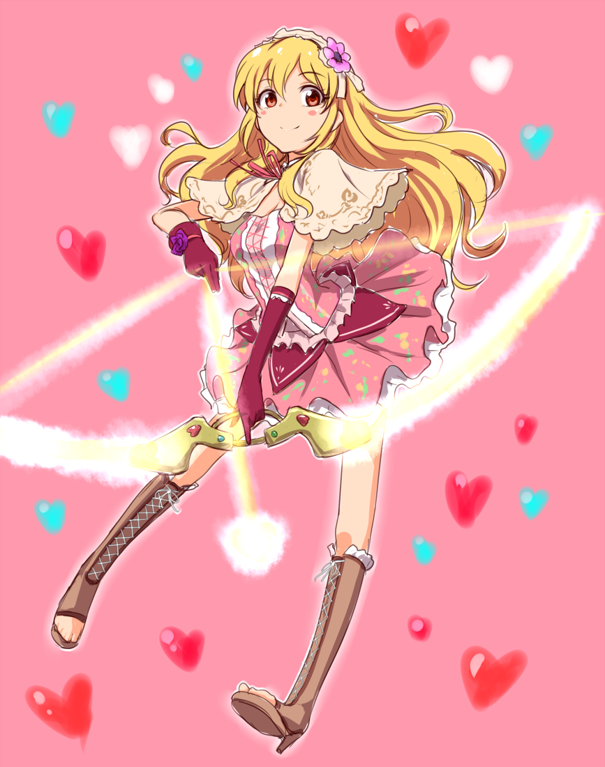 aikatsu! aikatsu!_(series) arrow blonde_hair blush boots bow_(weapon) clearite drawing_bow gloves hair_ribbon holding holding_arrow holding_bow_(weapon) holding_weapon hoshimiya_ichigo long_hair looking_at_viewer red_eyes ribbon smile solo weapon