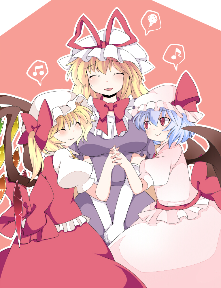 bad_id bad_pixiv_id bat_wings blonde_hair blue_hair blush bow breasts closed_eyes commentary dress elbow_gloves flandre_scarlet gloves hair_bow hammer_(sunset_beach) hat hat_ribbon large_breasts long_hair multiple_girls musical_note red_eyes remilia_scarlet ribbon short_hair siblings side_ponytail sisters smile touhou white_gloves wings yakumo_yukari yuri