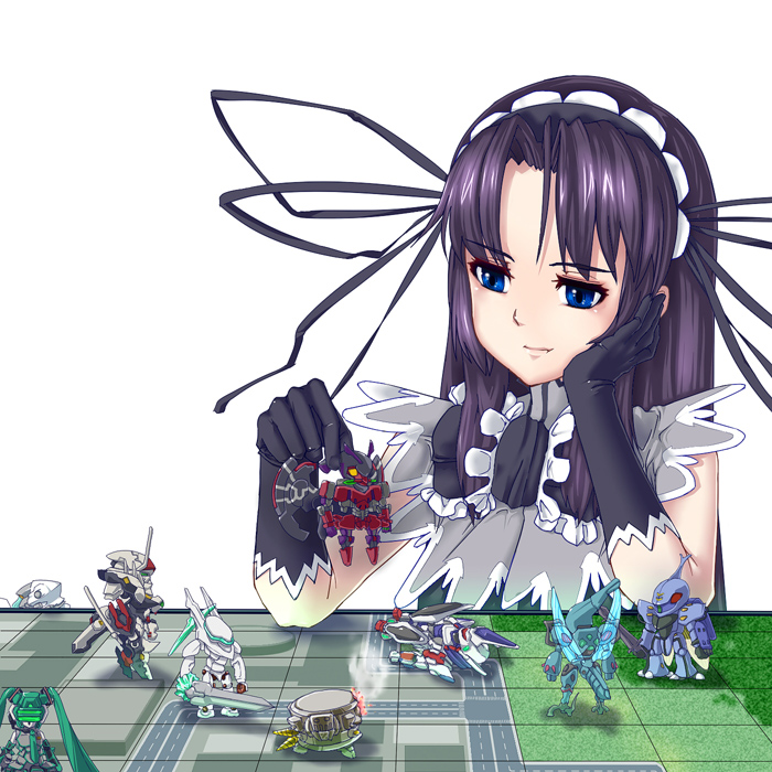 black_hair blue_eyes board_game chibi demonbane demonbane_(mecha) doctor_east dunbine etheldreda fei-yen gloves hand_on_own_cheek hatsune_miku headband holding kurogane_no_linebarrel liber_legis linebarrel long_hair mark_sein mecha metatron miniature playing ribbon seisenshi_dunbine simple_background smirk solo soukyuu_no_fafner super_robot_wars super_robot_wars_ux toy virtual_on vocaloid white_background