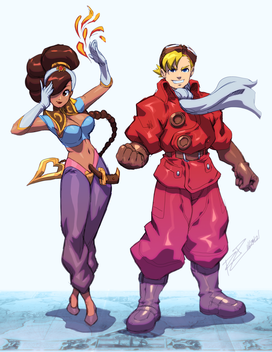 1boy 1girl arabian_clothes blonde_hair blue_eyes bomber_jacket boots braid breasts brown_hair capcom cleavage dagger dark_skin earrings edward_fokker elbow_gloves gloves goggles goggles_on_head hair_ornament hair_over_one_eye jacket jewelry long_hair power_stone robaato robert_porter rouge_(power_stone) single_braid weapon
