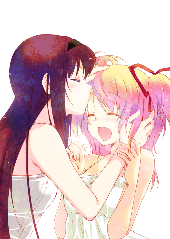 akemi_homura black_hair blush closed_eyes dress forehead_kiss hair_ribbon hairband kaname_madoka kiss long_hair mahou_shoujo_madoka_magica multiple_girls pink_hair ribbon short_twintails smile tama_two_(fukuya) twintails yuri