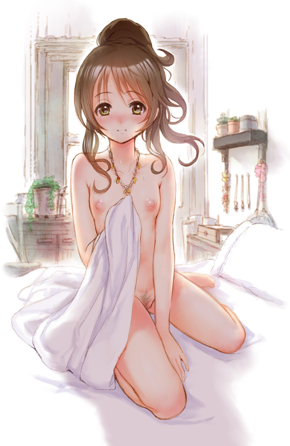 bad_id bad_pixiv_id banned_artist brown_hair flat_chest idolmaster idolmaster_cinderella_girls kneeling long_hair looking_at_viewer nagasawa_shin nipples nude ponytail pubic_hair puffy_nipples smile solo sweat takamori_aiko