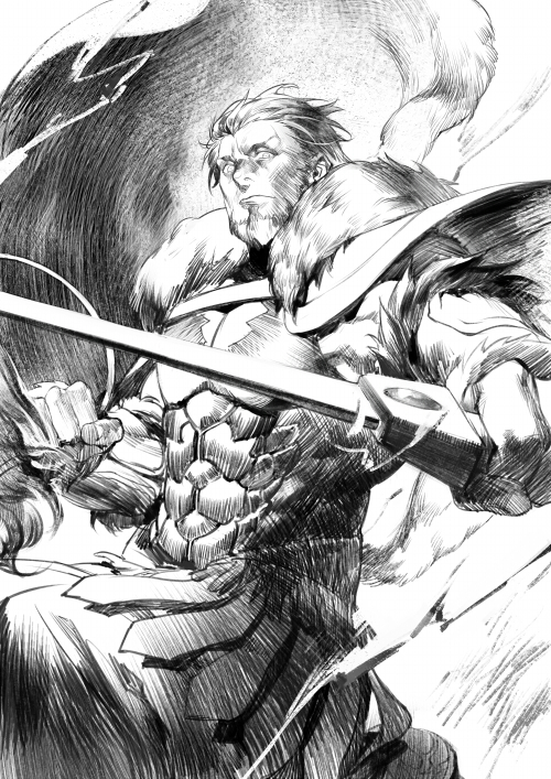 armor beard cape facial_hair fate/zero fate_(series) greyscale male_focus monochrome rei_(sanbonzakura) rider_(fate/zero) solo sword weapon