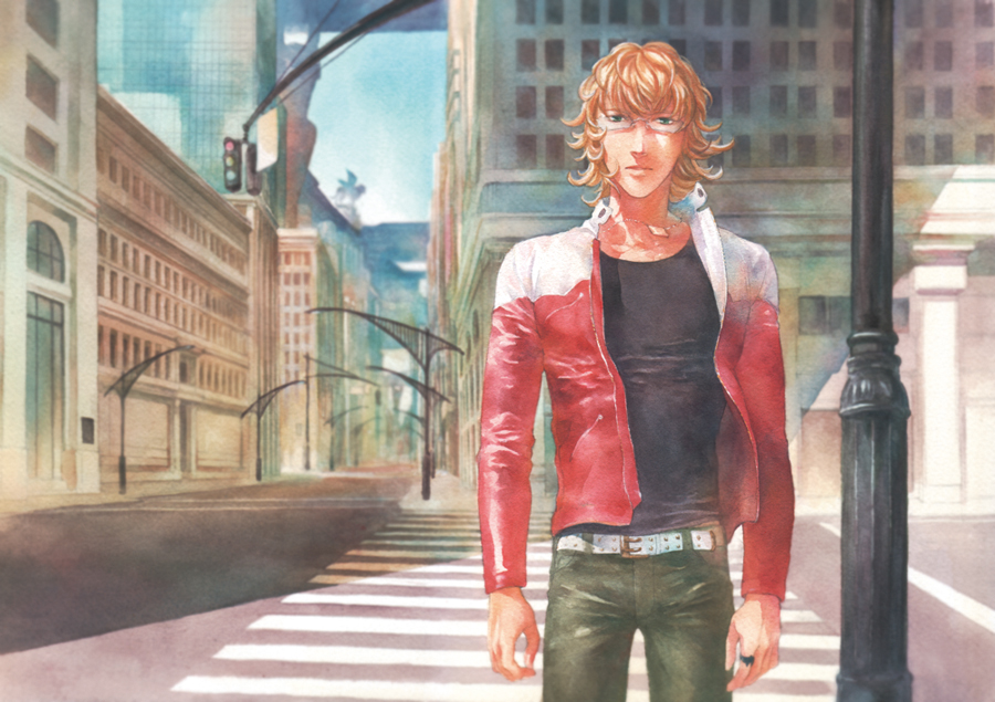 914kana barnaby_brooks_jr blonde_hair city glasses jacket jewelry male_focus necklace red_jacket solo tiger_&amp;_bunny traditional_media watercolor_(medium)