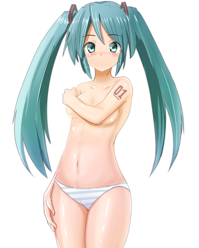 aqua_eyes aqua_hair blush covering covering_breasts hatsune_miku iwanishi long_hair navel panties simple_background solo striped striped_panties topless twintails underwear vocaloid white_background