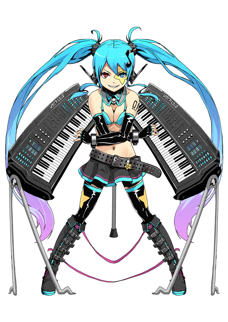 bad_id bad_pixiv_id belt bikini_top blue_eyes blue_hair boots breasts cleavage crossed_arms dual_wielding elbow_gloves fingerless_gloves full_body gloves gradient_hair grin hatsune_miku headphones heterochromia holding instrument keyboard_(instrument) knee_boots long_hair looking_at_viewer medium_breasts multicolored_hair musical_note navel red_eyes simple_background skirt smile solo tattoo thighhighs tokumaro twintails very_long_hair vocaloid white_background