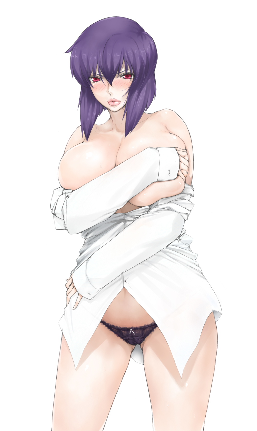 blush breast_hold breasts covering covering_breasts dress_shirt ghost_in_the_shell highres huge_breasts kusanagi_motoko lace lace-trimmed_panties libre no_pants panties purple_hair red_eyes shirt shirt_pull skindentation solo thighs underwear white_background white_shirt