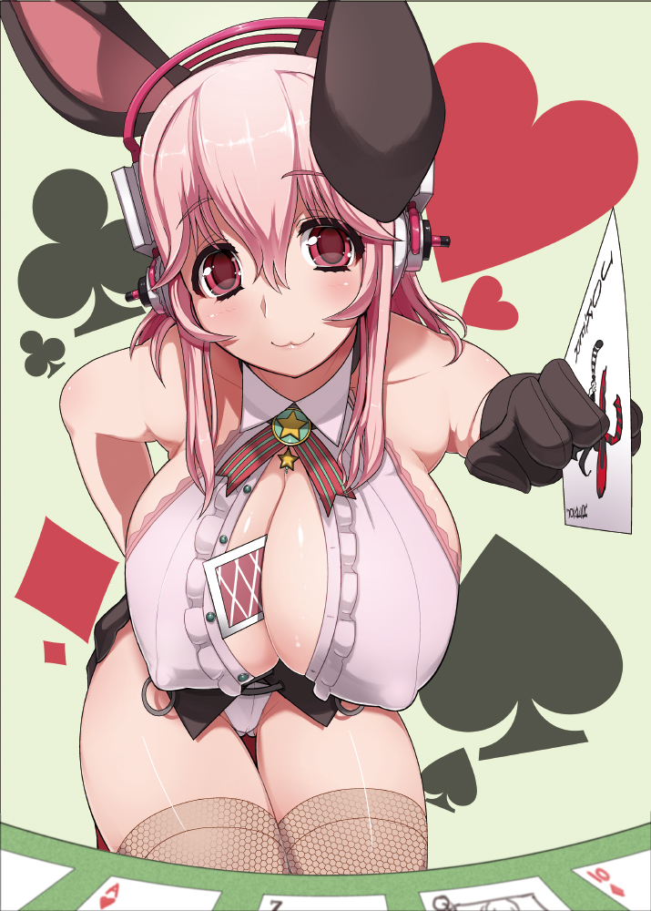 :3 ace animal_ears bad_id bad_pixiv_id bare_shoulders between_breasts black_gloves breasts bunny_ears bunnysuit buttons card cleavage cleavage_cutout club_(shape) covered_nipples croupier diamond_(shape) fake_animal_ears fishnet_legwear fishnets foreshortening frills gloves green_background hair_between_eyes hairband halterneck hand_on_hip hanging_breasts headphones heart holding huge_breasts joker kemonomimi_mode lace leaning_forward light_smile long_hair looking_at_viewer miyamoto_issa necktie nitroplus number outstretched_arm pink_eyes pink_hair playing_card queen_(playing_card) sideboob smile solo spade_(shape) star striped super_sonico table thigh_gap thighhighs