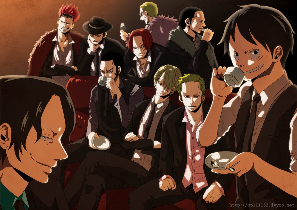 6+boys black_hair blonde_hair brother brothers chinstrap collared_shirt cup donquixote_doflamingo dracule_mihawk eustass_captain_kid formal freckles green_hair hat male male_focus monkey_d_luffy multiple_boys necktie one_piece portgas_d_ace red_hair roronoa_zoro sanji saucer shanks shichibukai shirt shueisha siblings sir_crocodile suit trafalgar_law