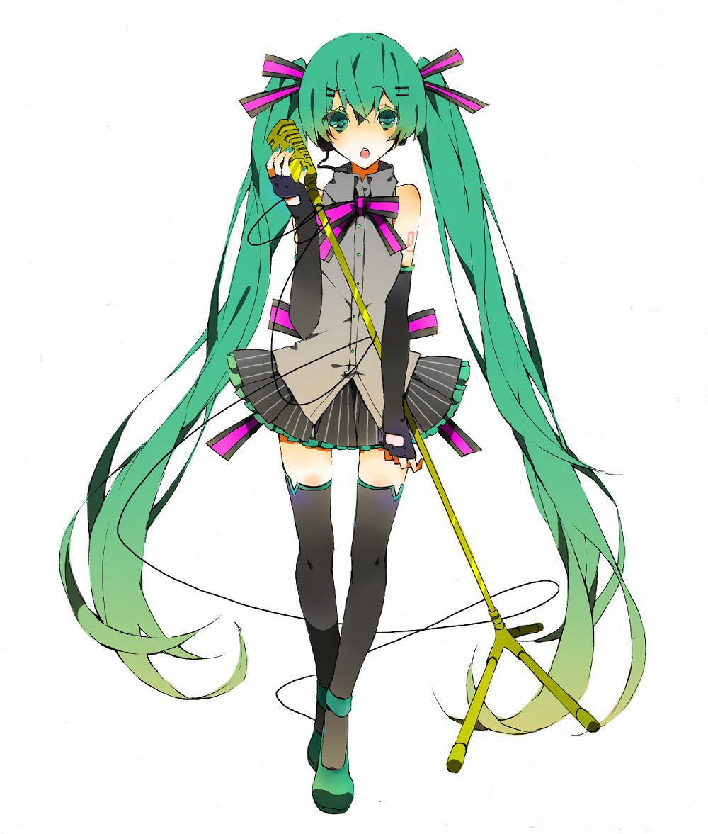 bow bowtie elbow_gloves fingerless_gloves gloves green_eyes green_hair hatsune_miku long_hair microphone microphone_stand open_mouth simple_background skirt solo thighhighs twintails very_long_hair vocaloid white_background yuuya_(n-m-t)