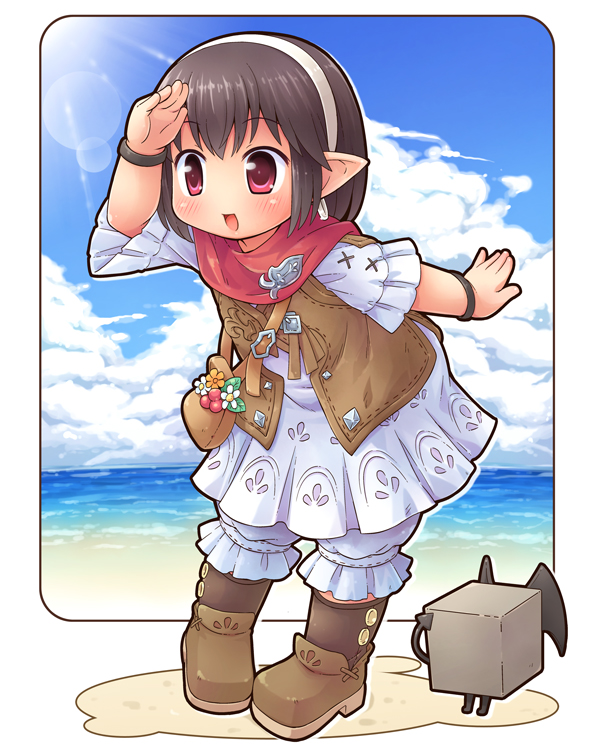 :d bad_id bad_pixiv_id bag beach black_hair blush cloud day demon_tail demon_wings dress elf final_fantasy final_fantasy_xiv flower hairband lalafell mizuno_mumomo ocean open_mouth outdoors pointy_ears red_eyes sand shading_eyes short_hair short_sleeves shoulder_bag sky smile solo tail vest white_dress wings wristband