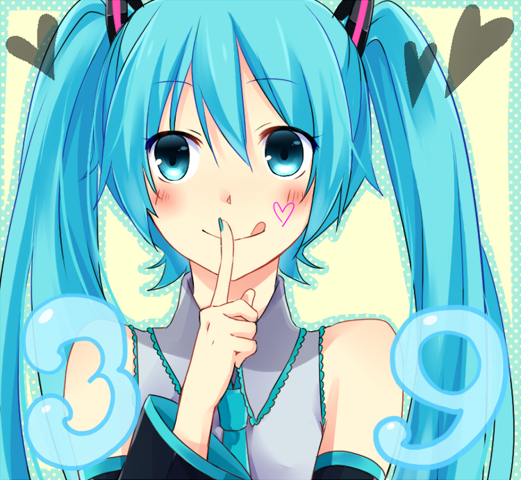 39 :q aqua_eyes aqua_hair bad_id bad_pixiv_id blush detached_sleeves face finger_to_mouth hachimikkusu hatsune_miku long_hair necktie solo tongue tongue_out twintails upper_body vocaloid