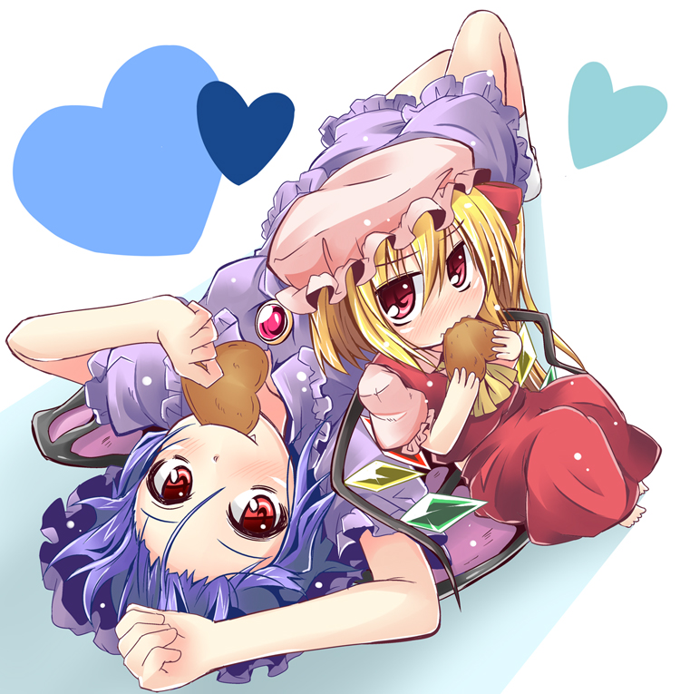 ascot bat_wings blonde_hair blush breasts brooch chibi dress eating fang flandre_scarlet hat heart ichimi jewelry leaning_on_person looking_at_viewer lying medium_breasts multiple_girls on_back puffy_sleeves purple_dress purple_hair red_dress red_eyes remilia_scarlet short_sleeves siblings side_ponytail sisters sitting touhou wavy_mouth wings