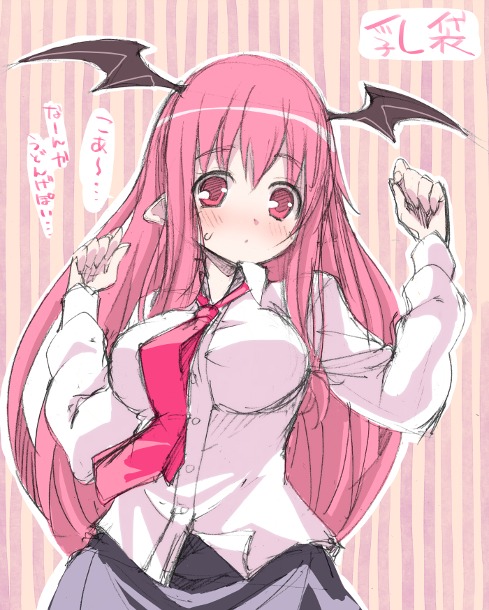 bad_id bad_pixiv_id bat_wings blush breasts dress_shirt head_wings koakuma large_breasts long_hair looking_at_viewer necktie numako pointy_ears red_eyes red_hair shirt sketch solo sweatdrop touhou translation_request wings
