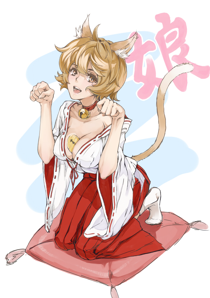 animal_ears bell between_breasts blonde_hair breasts cat_ears cat_tail cleavage japanese_clothes jingle_bell large_breasts miko open_mouth original solo tail yamaishi_(mukoubuti) yellow_eyes