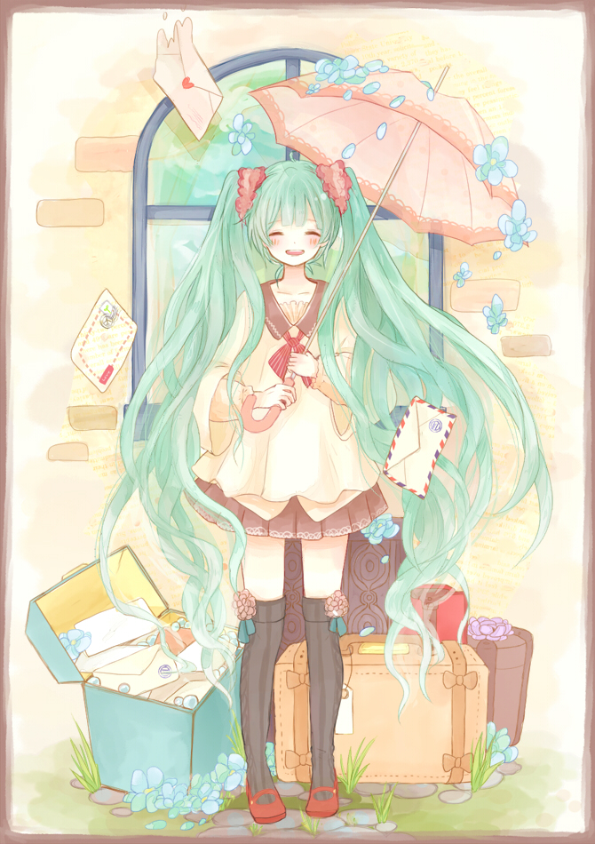 as8521 closed_eyes envelope green_hair hatsune_miku long_hair mary_janes shoes skirt solo suitcase twintails umbrella very_long_hair vocaloid window