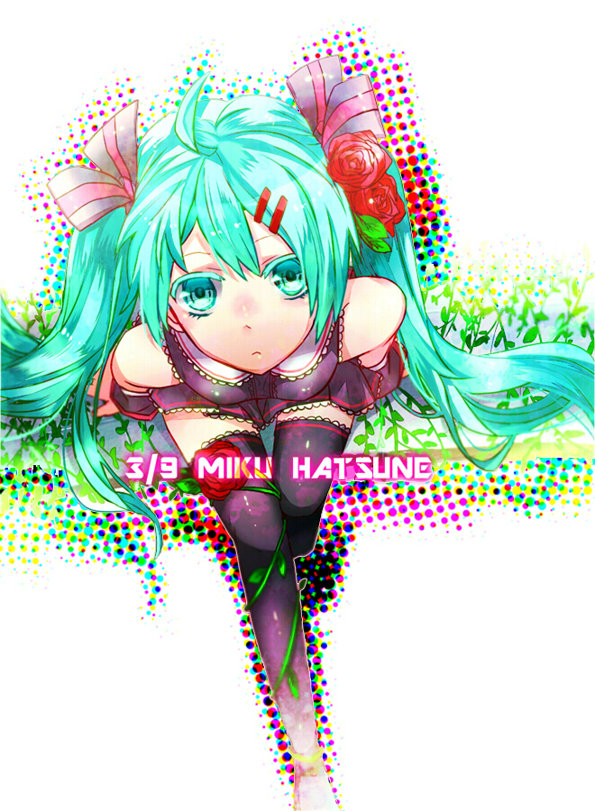 39 ahoge character_name flower green_eyes green_hair hair_flower hair_ornament hatsune_miku long_hair looking_up revision solo tatsumi_(mldcand) thighhighs twintails very_long_hair vocaloid