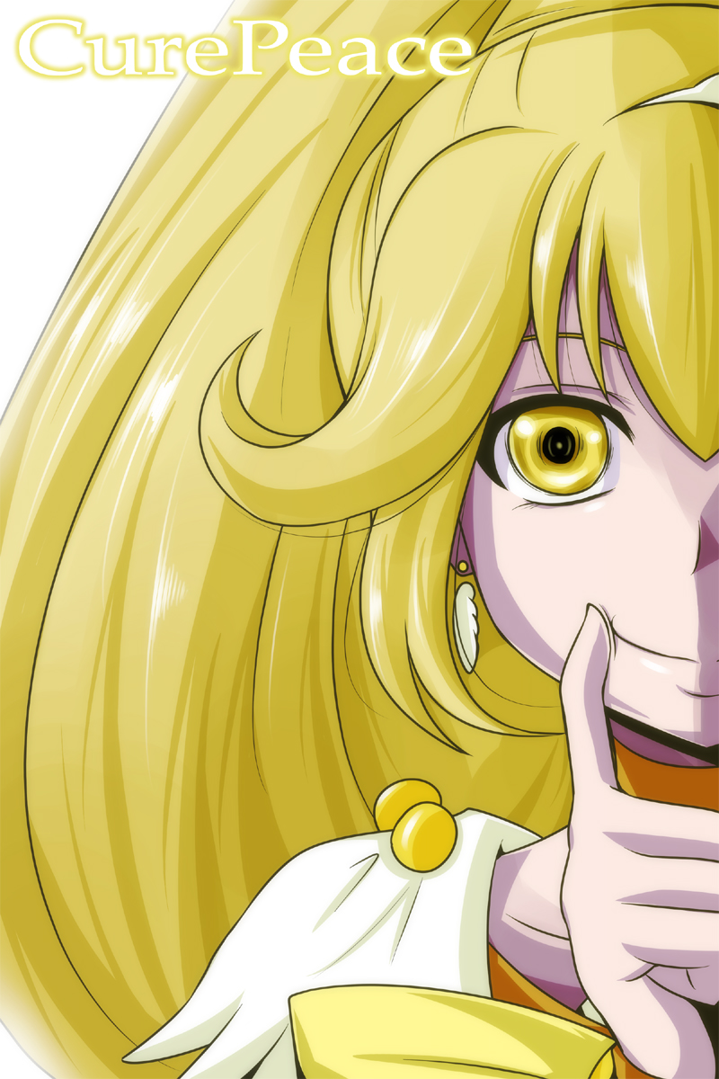 blonde_hair bloom character_name choker closed_mouth cure_peace hair_flaps highres kise_yayoi long_hair magical_girl nishi_koutarou out_of_frame portrait precure simple_background smile smile_precure! solo white_background yellow yellow_eyes