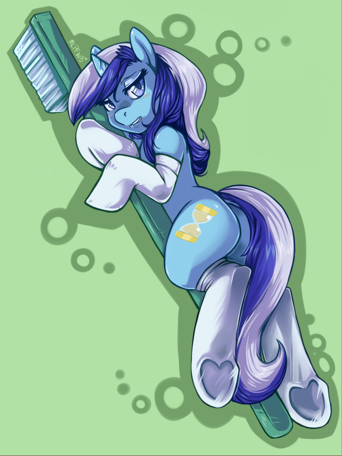 aries84 blue_eyes blush butt colgate_(mlp) cutie_mark equine female feral friendship_is_magic hair horn horse legwear looking_at_viewer mammal my_little_pony pony solo stockings toothbrush two_tone_hair unicorn