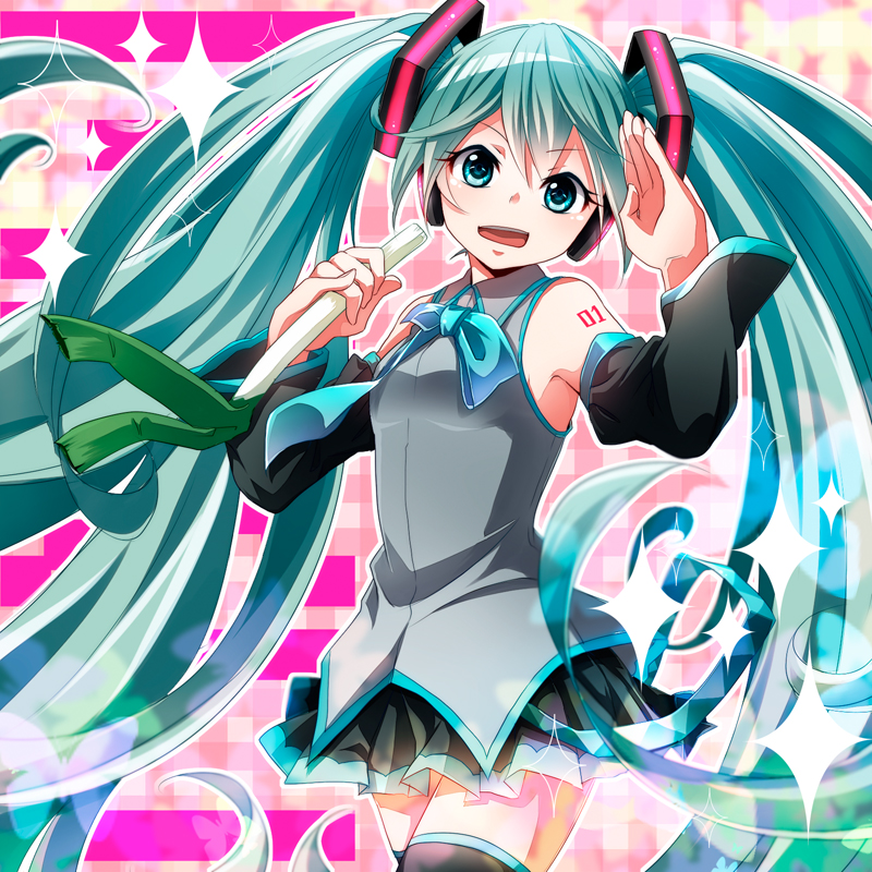 aqua_eyes aqua_hair bow bowtie detached_sleeves hatsune_miku headphones long_hair necktie open_mouth pinky_out skirt solo spring_onion thighhighs tsujiori twintails very_long_hair vocaloid