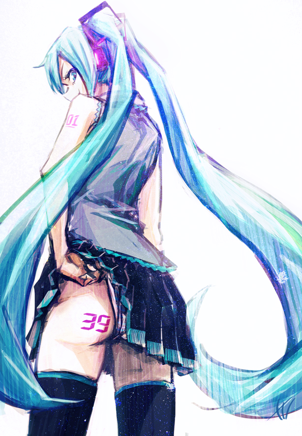 39 aqua_eyes aqua_hair ass bad_id bad_pixiv_id from_behind hatsune_miku headphones long_hair looking_back simple_background skirt skirt_lift solo tattoo thighhighs total twintails very_long_hair vocaloid white_background