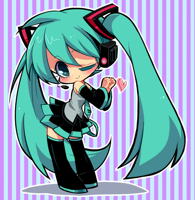 bad_id bad_pixiv_id boots chibi detached_sleeves green_eyes green_hair hatsune_miku headset long_hair necktie one_eye_closed sakiko_(gekiama) skirt smile solo striped striped_background thigh_boots thighhighs twintails vertical-striped_background vertical_stripes very_long_hair vocaloid