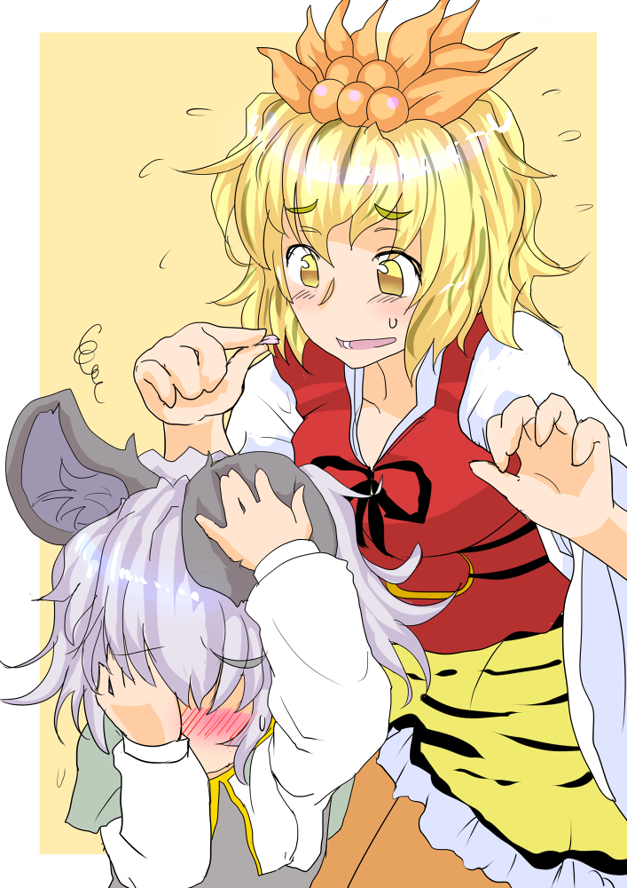 animal_ears black_hair blonde_hair blush capelet covering_face embarrassed grey_hair ishikkoro mouse_ears mouse_tail multicolored_hair multiple_girls nazrin red_eyes shawl short_hair tail toramaru_shou touhou two-tone_hair yellow_eyes