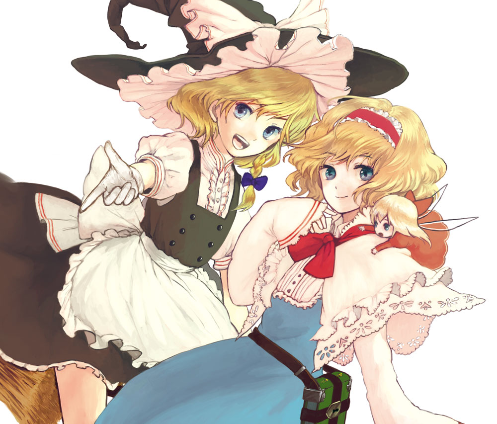 alice_margatroid blonde_hair blue_eyes book braid doll gloves grimoire grimoire_of_alice hairband hat kirisame_marisa long_sleeves multiple_girls open_mouth outstretched_arm pointing short_hair side_braid simple_background smile sugi touhou white_background white_gloves