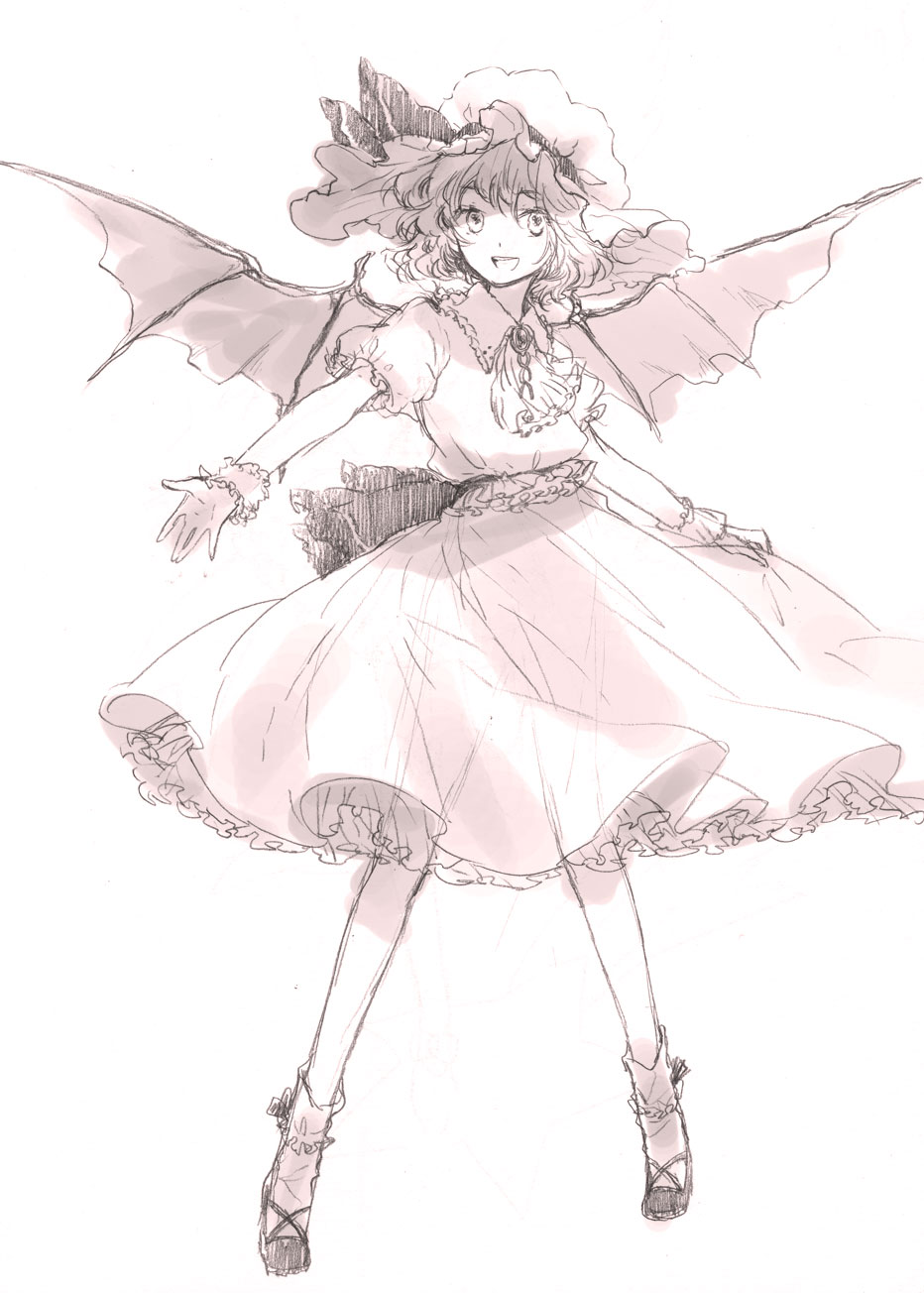 bat_wings hat highres monochrome open_mouth outstretched_arm outstretched_hand remilia_scarlet short_hair simple_background skirt_hold smile solo sugi touhou white_background wings