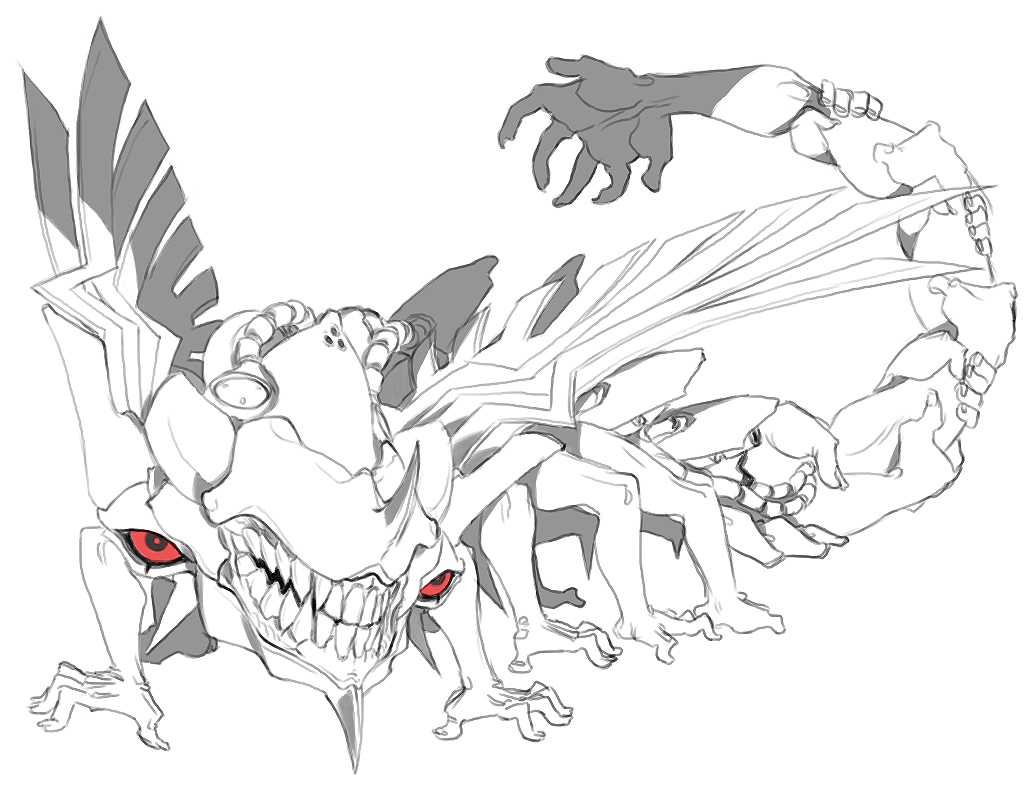 bared_teeth bydo extra_arms greyscale jason_robinson monochrome no_humans partially_colored r-type red_eyes solo wings