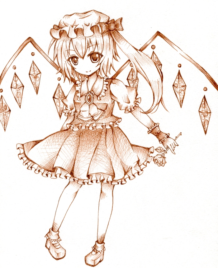 ascot bobby_socks brooch flandre_scarlet flower hat hat_ribbon jewelry kuropotechi light_smile looking_at_viewer mary_janes mob_cap monochrome ribbon rose shoes short_hair side_ponytail skirt skirt_set socks solo touhou traditional_media wrist_cuffs