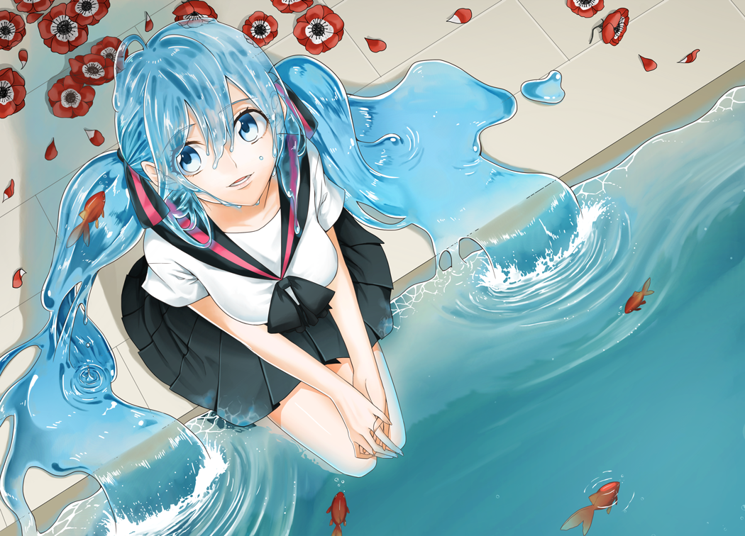 blue_eyes blue_hair bottle_miku fish hair_ribbon hatsune_miku liquid_hair long_hair ribbon sa-t_(saato) school_uniform serafuku sitting skirt soaking_feet solo twintails very_long_hair vocaloid water