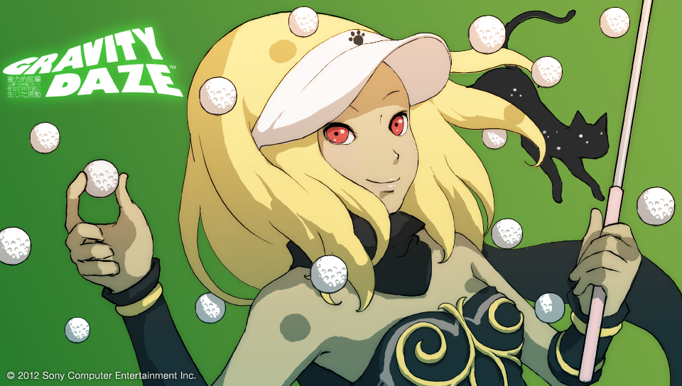 ball bare_shoulders black_cat blonde_hair cat clap_hanz dark_skin dusty_(gravity_daze) golf_ball golf_club gravity_daze kitten_(gravity_daze) minna_no_golf official_art red_eyes scarf smile visor