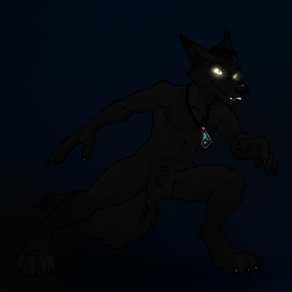 balls canine glowing glowing_eyes jackal male mammal necklace nude sheath solo