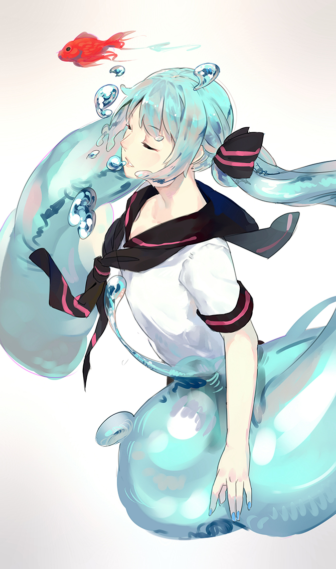 a558246 aqua_hair bottle_miku closed_eyes fish hair_ribbon hatsune_miku liquid_hair long_hair ribbon school_uniform serafuku solo twintails very_long_hair vocaloid