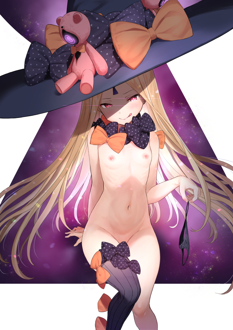 1girl abigail_williams_(fate/grand_order) black_bow black_hat black_legwear black_panties blonde_hair bow closed_mouth fate/grand_order fate_(series) flat_chest hat head_tilt holding holding_panties keyhole licking_lips long_hair looking_at_viewer matanonki naughty_face navel nipples nude orange_bow panties panties_removed polka_dot polka_dot_bow purple_background red_eyes ribs single_thighhigh sitting smile solo striped striped_legwear stuffed_toy thighhighs tongue tongue_out underwear very_long_hair white_background witch_hat