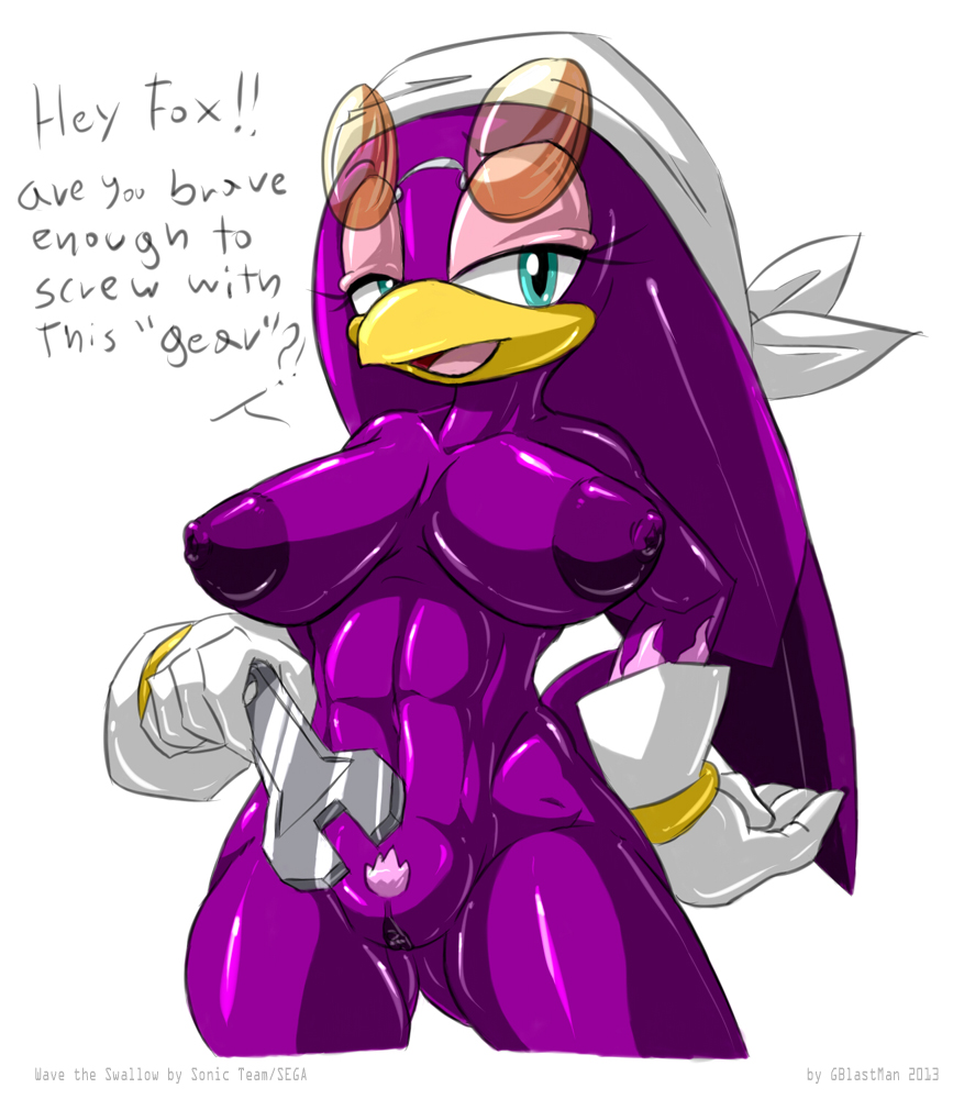 areola avian big_breasts bird breasts english_text erect_nipples female gblastman huge_breasts muscles muscular_female nipples nude pussy sega sonic_(series) sonic_riders swallow_(bird) text wave_the_swallow wrench