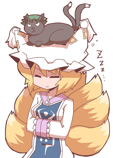 animal animal_on_head blonde_hair cat cat_on_head cat_tail chen chen_(cat) closed_eyes dress fox_tail hands_in_opposite_sleeves hat houroku long_sleeves looking_at_viewer multiple_tails nekomata on_head sleeping tabard tail touhou white_dress yakumo_ran zzz