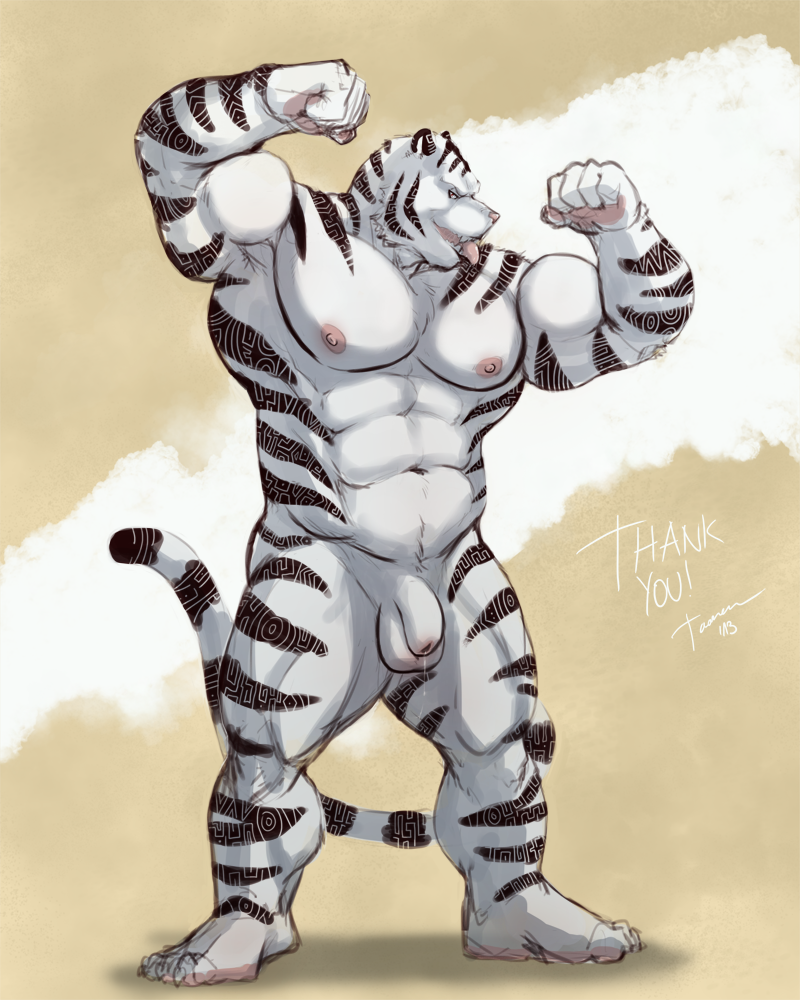 abs armpits balls biceps claws clenched_fist cum feline flaccid flexing looking_at_viewer male muscles nipples nude open_mouth pawpads pecs penis presenting solo striped_fur taoren teeth tiger tongue uncut
